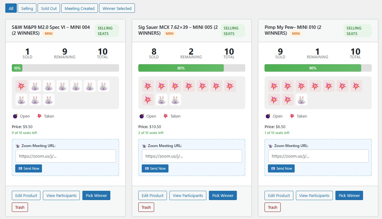 Admin dashboard for gun webinar management showing multiple firearm webinar events with seat counts, progress bars, Zoom meeting URLs, and quick action buttons