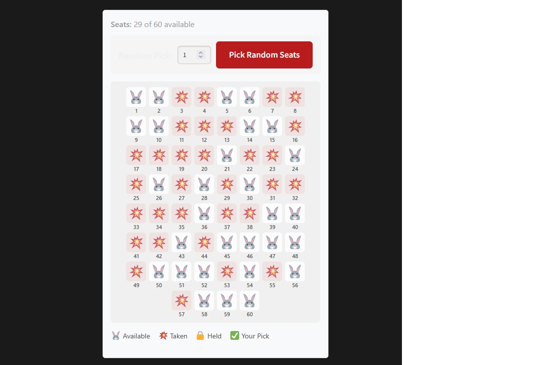 Interactive seat map for gun webinars and firearm giveaways showing numbered seats with customizable icons, real-time availability status, and Pick Random Seats button